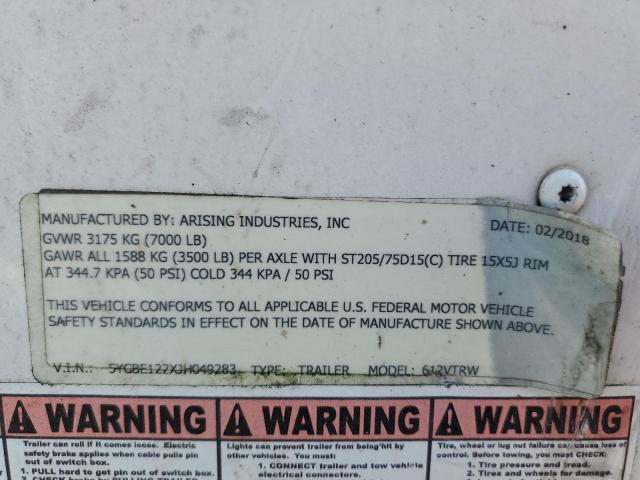 5YCBE122XJH049283 - 2018 UTILITY TRAILER Սպիտակ լուսանկար 10