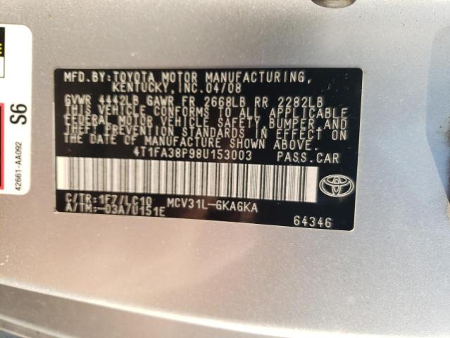 4T1FA38P98U153003 - 2008 TOYOTA CAMRY SOLA SILVER photo 10