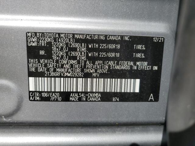 2T3B6RFV3MW029282 - 2021 TOYOTA RAV4 XLE P SILVER photo 10