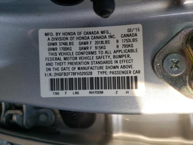 2HGFB2F78FH529528 - 2015 HONDA CIVIC SE SILVER photo 10