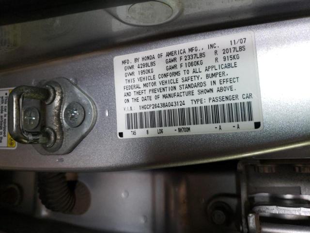 1HGCP26438A043124 - 2008 HONDA ACCORD LXP SILVER photo 10