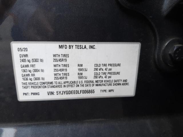 5YJYGDEE0LF006865 - 2020 TESLA MODEL Y Серый фото 10