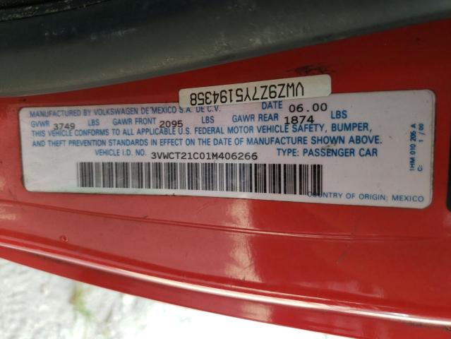3VWCT21C01M406266 - 2001 VOLKSWAGEN NEW BEETLE 红色 照片 10