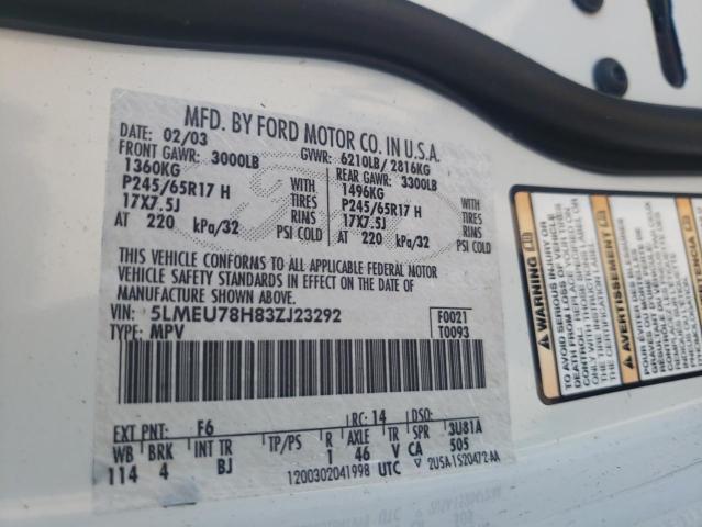 5LMEU78H83ZJ23292 - 2003 LINCOLN AVIATOR 白色 照片 10