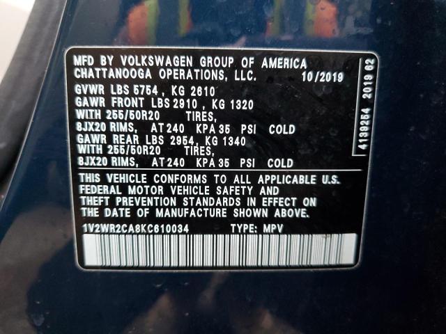 1V2WR2CA8KC610034 - 2019 VOLKSWAGEN ATLAS SE BLUE photo 10