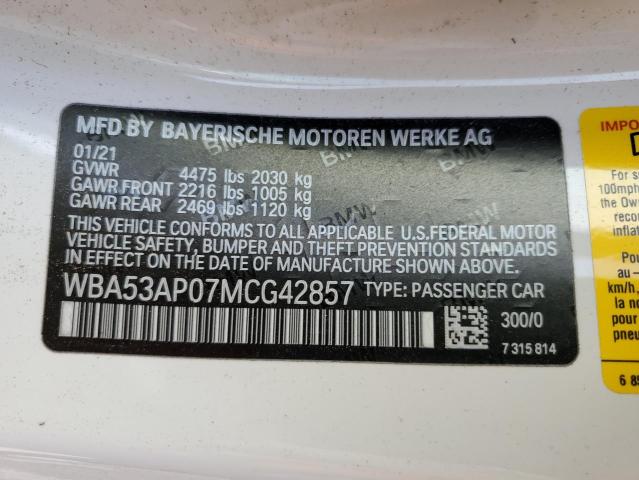 WBA53AP07MCG42857 - 2021 BMW 430I WHITE photo 10