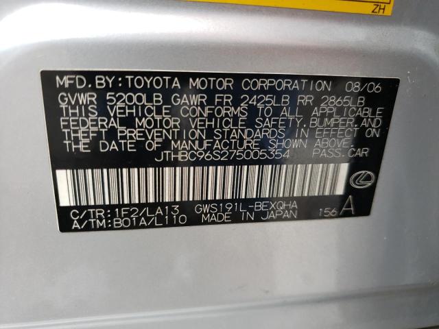 JTHBC96S275005354 - 2007 LEXUS GS 450H SILVER photo 10