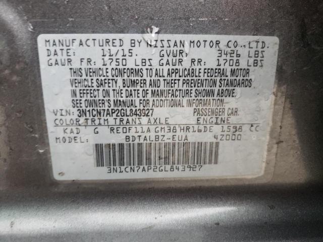 3N1CN7AP2GL843927 - 2016 NISSAN VERSA S GRAY photo 10