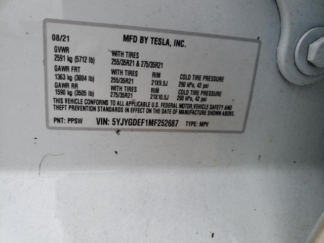 5YJYGDEF1MF252687 - 2021 TESLA MODEL Y رمادي صورة 10