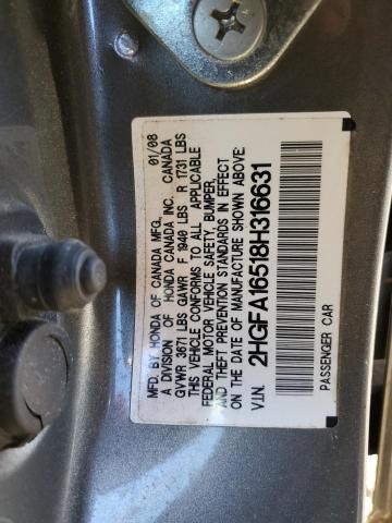 2HGFA16518H316631 - 2008 HONDA CIVIC LX GRAY photo 10