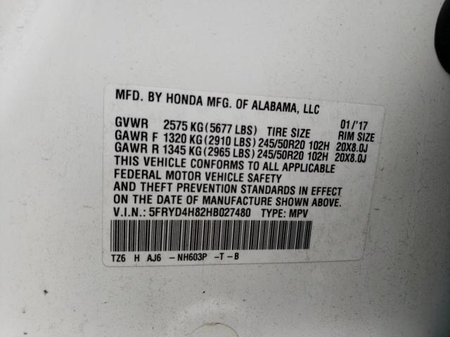 5FRYD4H82HB027480 - 2017 ACURA MDX ADVANC WHITE photo 10