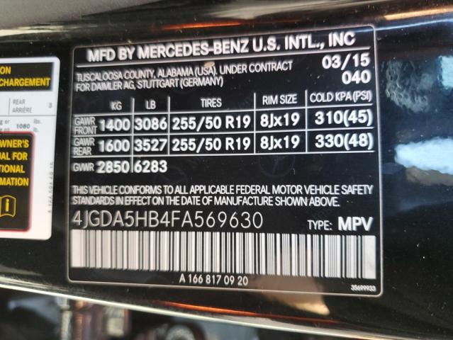 4JGDA5HB4FA569630 - 2015 MERCEDES-BENZ ML 350 4MA BLACK photo 10