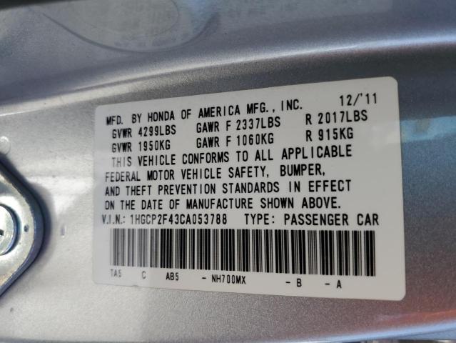 1HGCP2F43CA053788 - 2012 HONDA ACCORD LXP SILVER photo 10