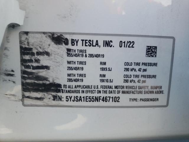 5YJSA1E55NF467102 - 2022 TESLA MODEL S Սպիտակ լուսանկար 10