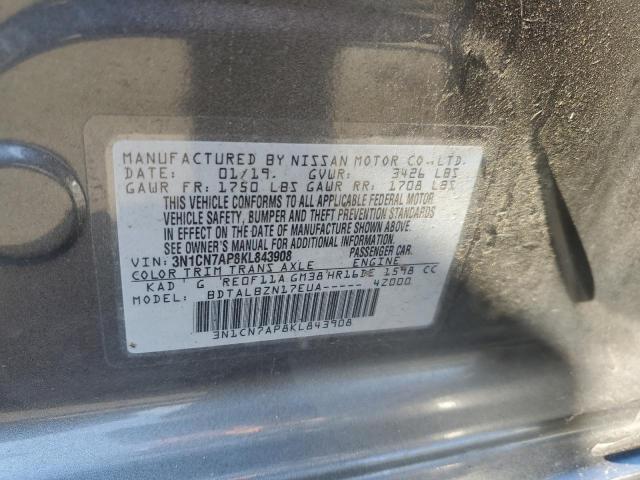 3N1CN7AP8KL843908 - 2019 NISSAN VERSA S GRAY photo 10