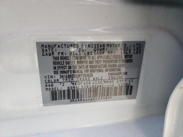 3N1AB8DVXMY254834 - 2021 NISSAN SENTRA SR WHITE photo 10