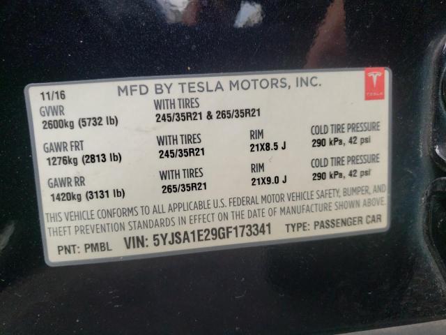 5YJSA1E29GF173341 - 2016 TESLA MODEL S Սև լուսանկար 10