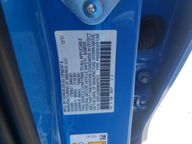 19XFL2H80NE007813 - 2022 HONDA CIVIC SPOR BLUE photo 10