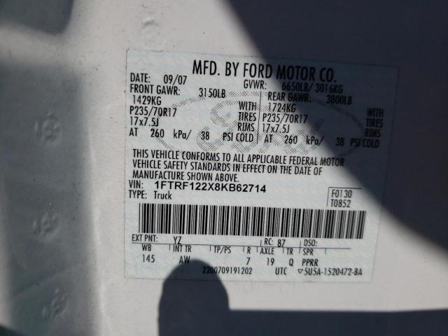 1FTRF122X8KB62714 - 2008 FORD F150 WHITE photo 10