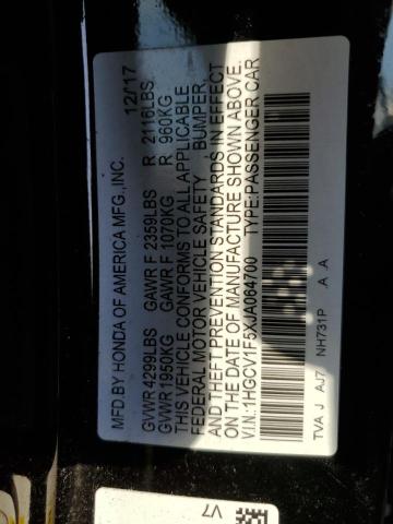 1HGCV1F5XJA064700 - 2018 HONDA ACCORD EXL BLACK photo 10