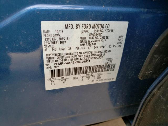 2FMPK4AP2KBB26501 - 2019 FORD EDGE ST BLUE photo 10