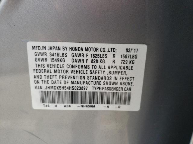 JHMGK5H54HS023897 - 2017 HONDA FIT LX SILVER photo 10