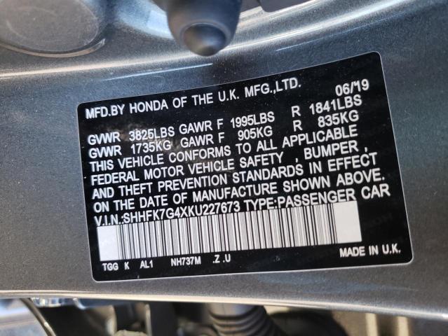 SHHFK7G4XKU227673 - 2019 HONDA CIVIC SPOR GRAY photo 10