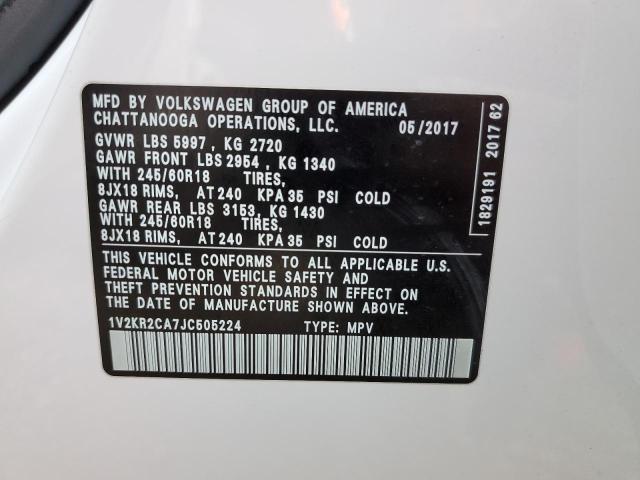 1V2KR2CA7JC505224 - 2018 VOLKSWAGEN ATLAS SE WHITE photo 10