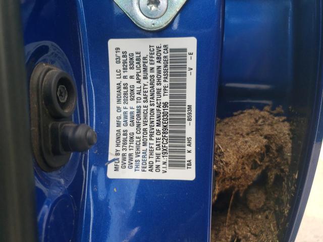 19XFC2F89KE030196 - 2019 HONDA CIVIC SPOR BLUE photo 10