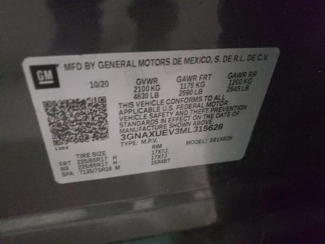 3GNAXUEV3ML315628 - 2021 CHEVROLET EQUINOX LT Gris foto 10