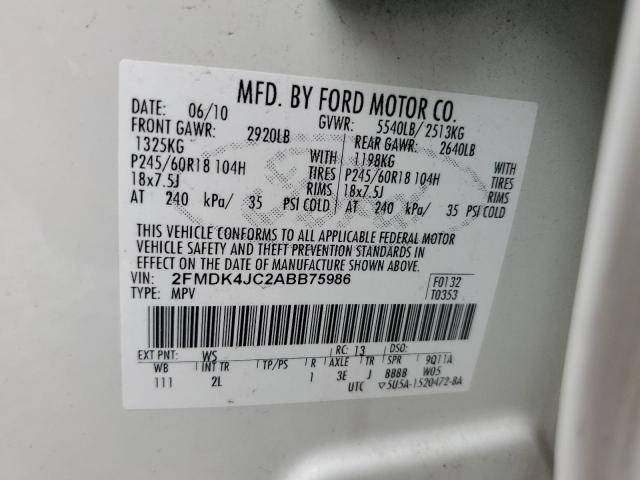 2FMDK4JC2ABB75986 - 2010 FORD EDGE sel WHITE photo 10