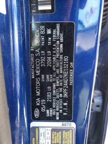 3KPF24AD7KE132180 - 2019 KIA FORTE FE BLUE photo 10