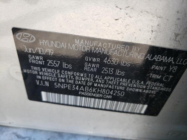 5NPE34AB6KH804250 - 2019 HYUNDAI SONATA LIM SILVER photo 10