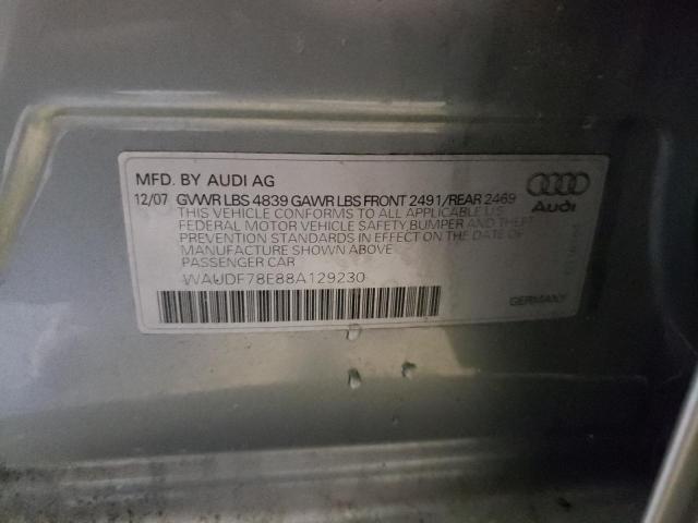 WAUDF78E88A129230 - 2008 AUDI A4 2.0T QU SILVER photo 10