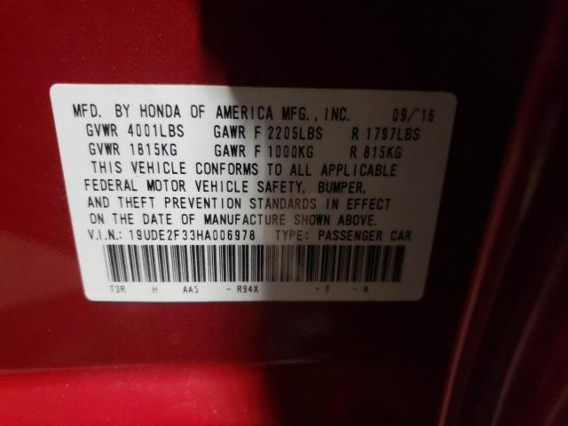 19UDE2F33HA006978 - 2017 ACURA ILX BASE W RED photo 10