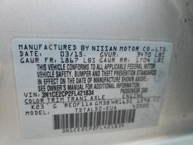 3N1CE2CP2FL421834 - 2015 NISSAN VERSA SILVER photo 10