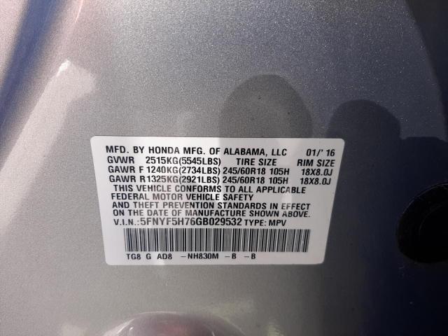 5FNYF5H76GB029532 - 2016 HONDA PILOT EXLN GRAY photo 10