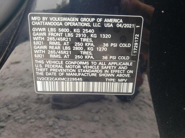 1V2CE2CAXMC229545 - 2021 VOLKSWAGEN ATLAS CROS შავი ფოტო 10