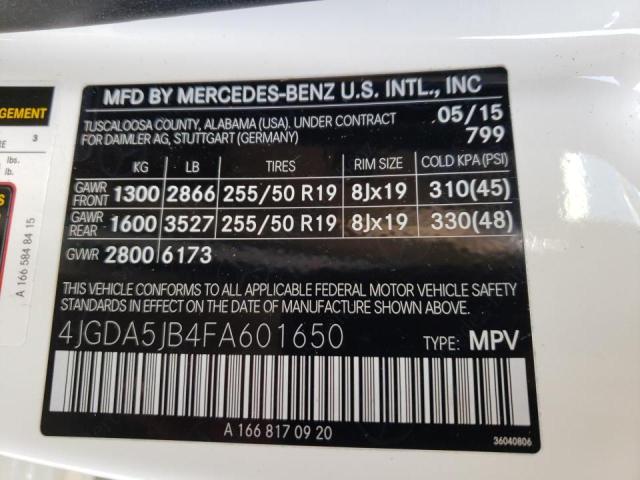 4JGDA5JB4FA601650 - 2015 MERCEDES-BENZ ML 350 WHITE photo 10