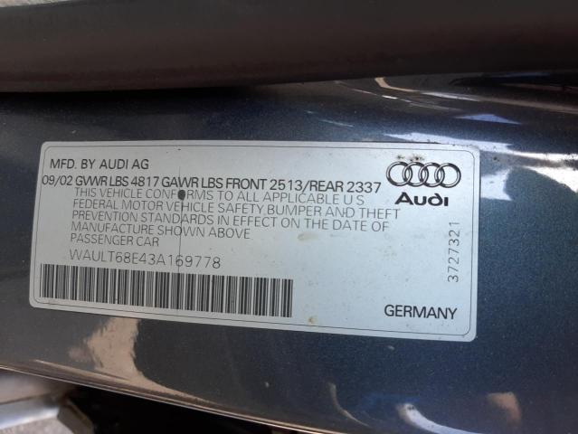 WAULT68E43A169778 - 2003 AUDI A4 QUATTRO GRAY photo 10