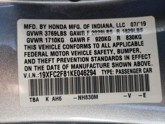 19XFC2F81KE046294 - 2019 HONDA CIVIC SPOR SILVER photo 10