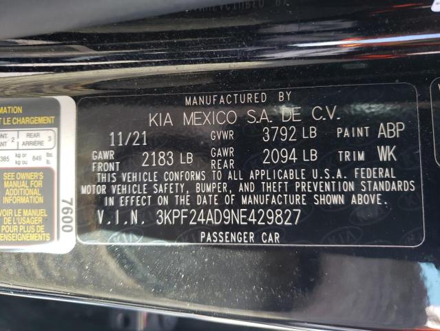 3KPF24AD9NE429827 - 2022 KIA FORTE FE BLACK photo 10