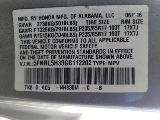 5FNRL5H33GB112202 - 2016 HONDA ODYSSEY SE SILVER photo 10