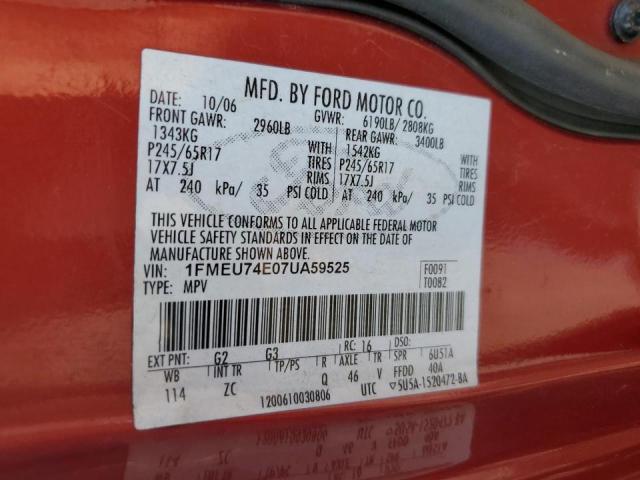 1FMEU74E07UA59525 - 2007 FORD EXPLORER E RED photo 10