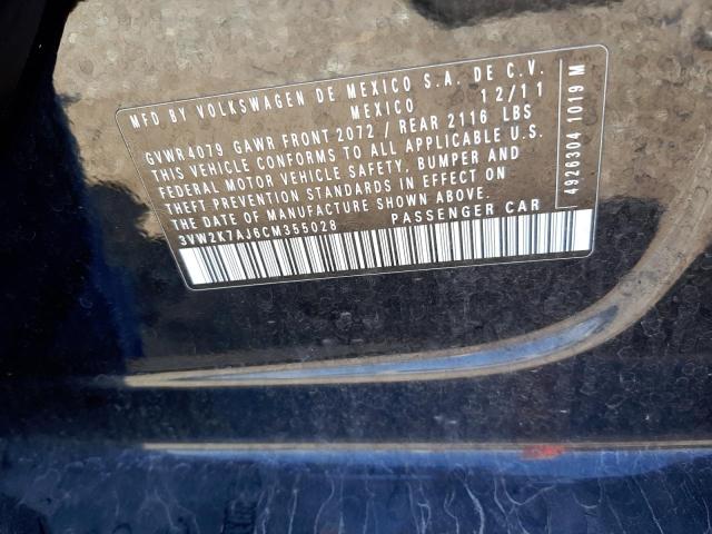3VW2K7AJ6CM355028 - 2012 VOLKSWAGEN JETTA BASE BLACK photo 10