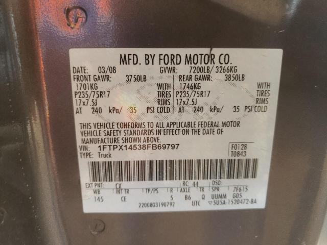 1FTPX14538FB69797 - 2008 FORD F150 GRAY photo 10