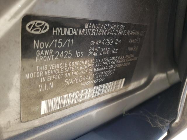 5NPEB4AC1CH419207 - 2012 HYUNDAI SONATA GLS GRAY photo 10