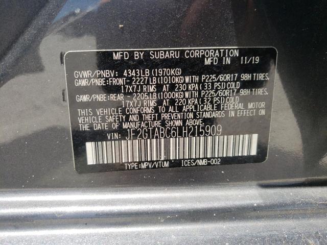 JF2GTABC6LH215909 - 2020 SUBARU CROSSTREK GRAY photo 10