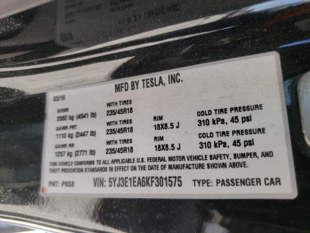 5YJ3E1EA6KF301575 - 2019 TESLA MODEL 3  fotoğraf 10