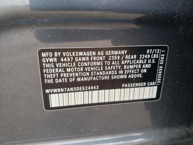 WVWRN7AN3DE524943 - 2013 VOLKSWAGEN CC LUXURY GRAY photo 10